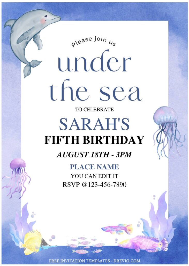 Invitation Template of (Free Editable PDF) Cute Watercolor Sea Themed Birthday Invitation Templates 2