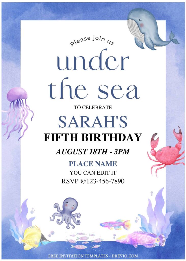 (Free Editable PDF) Cute Watercolor Sea Themed Birthday Invitation Templates B