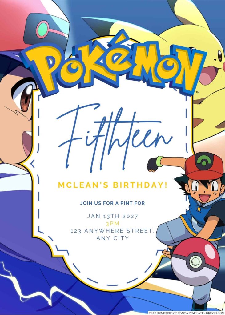 Free Editable Ash Ketchum Pokemon Birthday Invitation