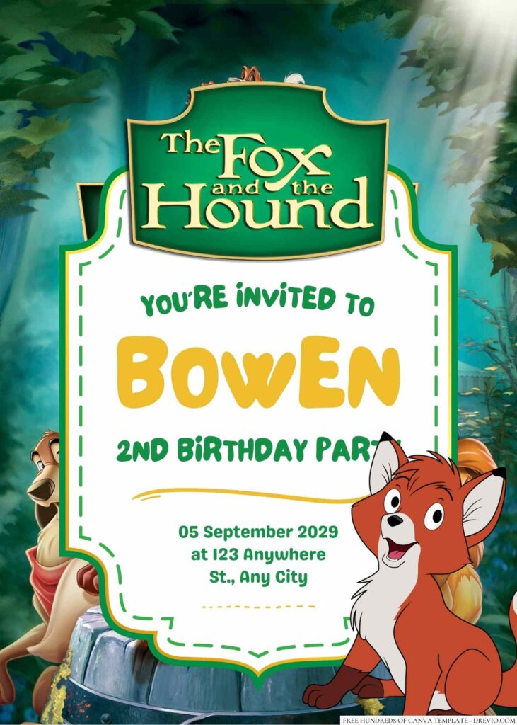 Free Editable The Fox and the Hound Birthday Invitation