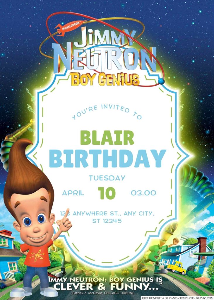 Free Editable Jimmy Neutron Boy Genius Birthday Invitation