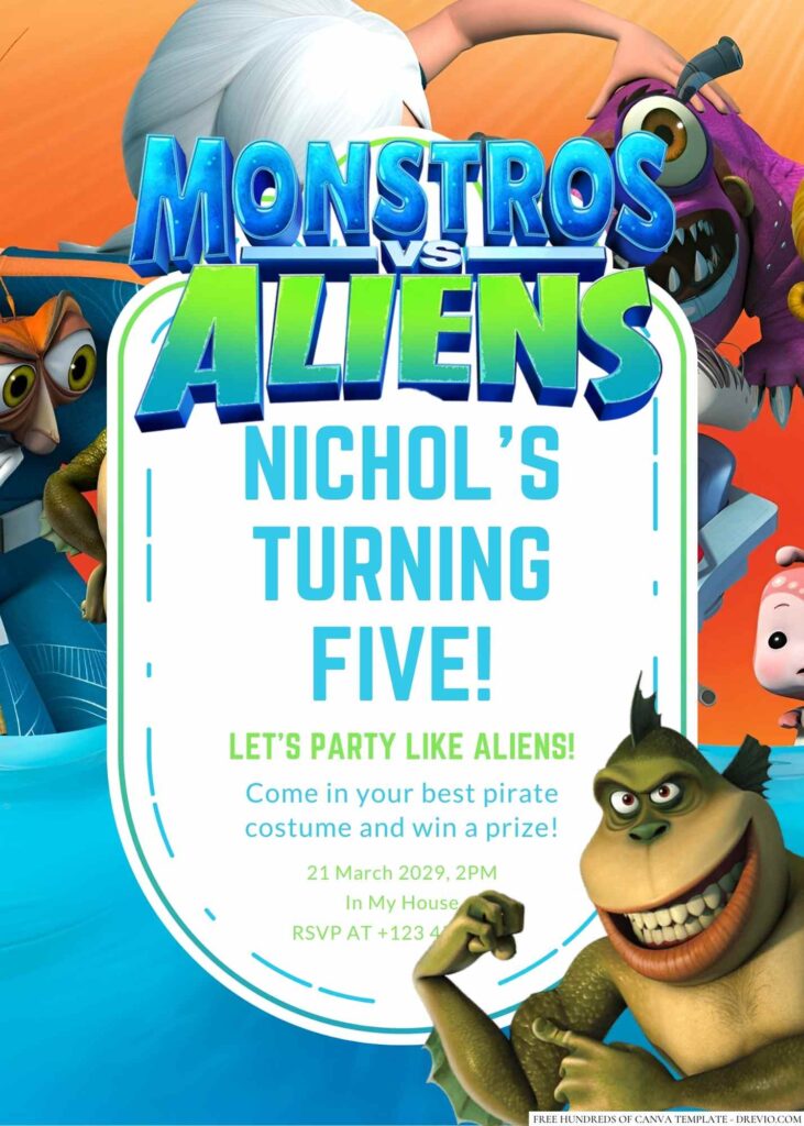 Free Editable Monster vs. Aliens Birthday Invitation