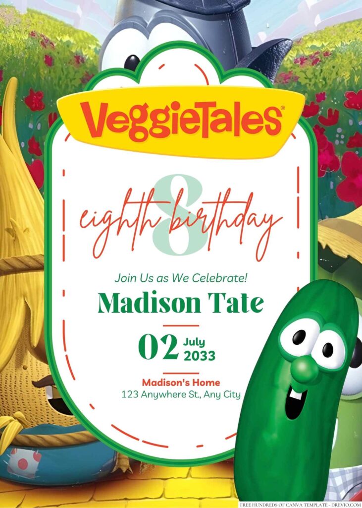 Free Editable Larry the Cucumber (Veggie Tales) Birthday invitation