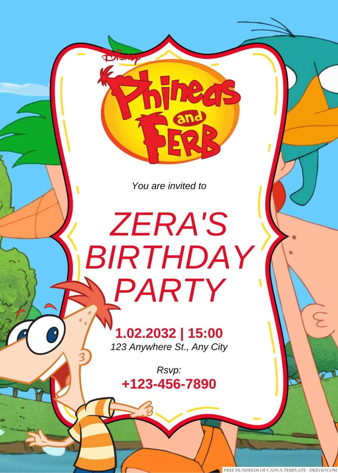 Free Editable Phineas and Ferb Birthday Invitation
