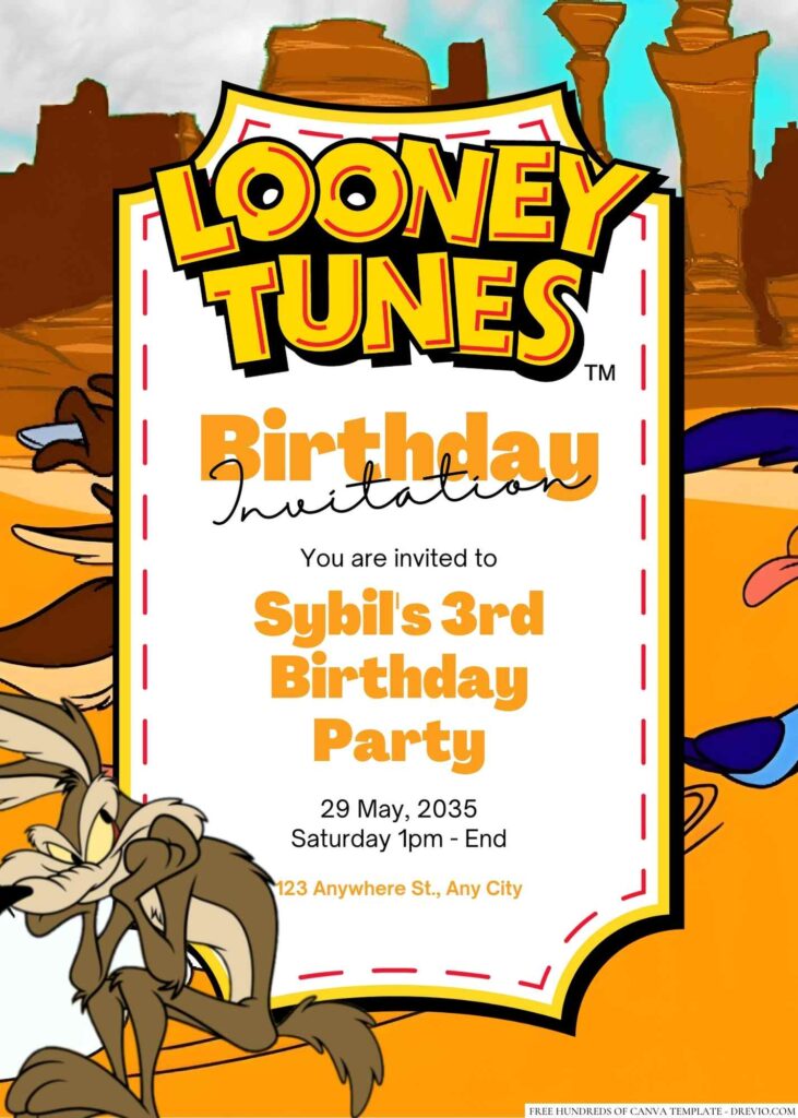 Free Editable Wile E. Coyote (Looney Tunes) Birthday Invitation