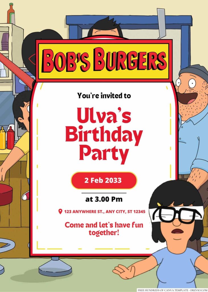 Free Editable Tina Belcher (Bob’s Burgers) Birthday Invitation