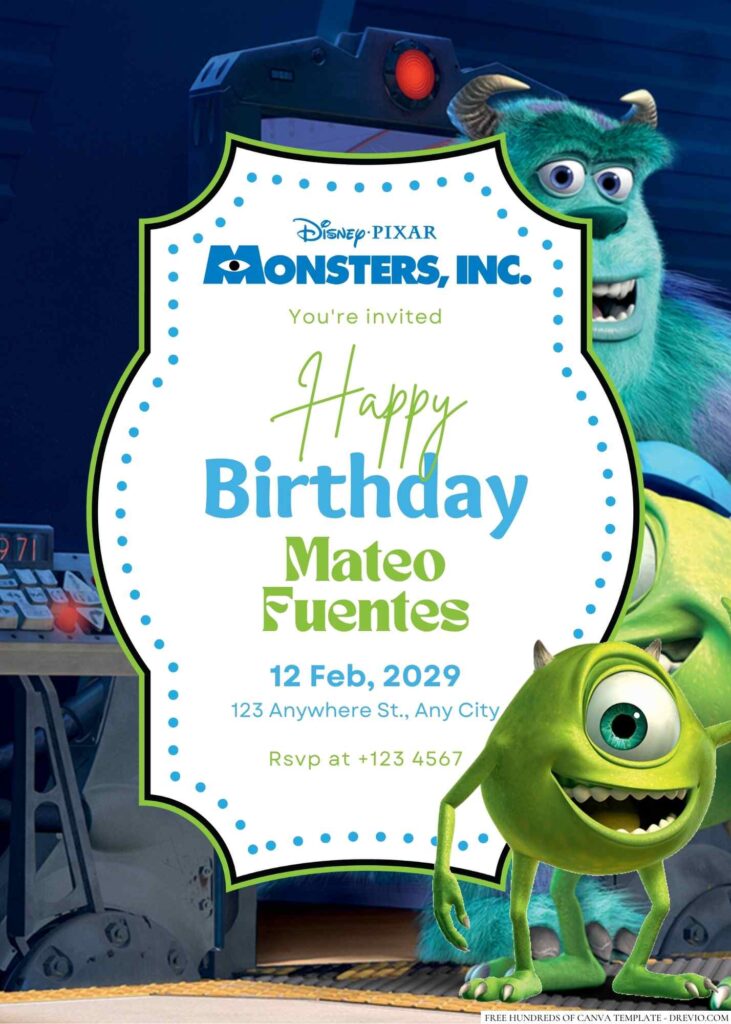 Free Editable Mike Wazowski from Monsters Inc. Birthday Invitation