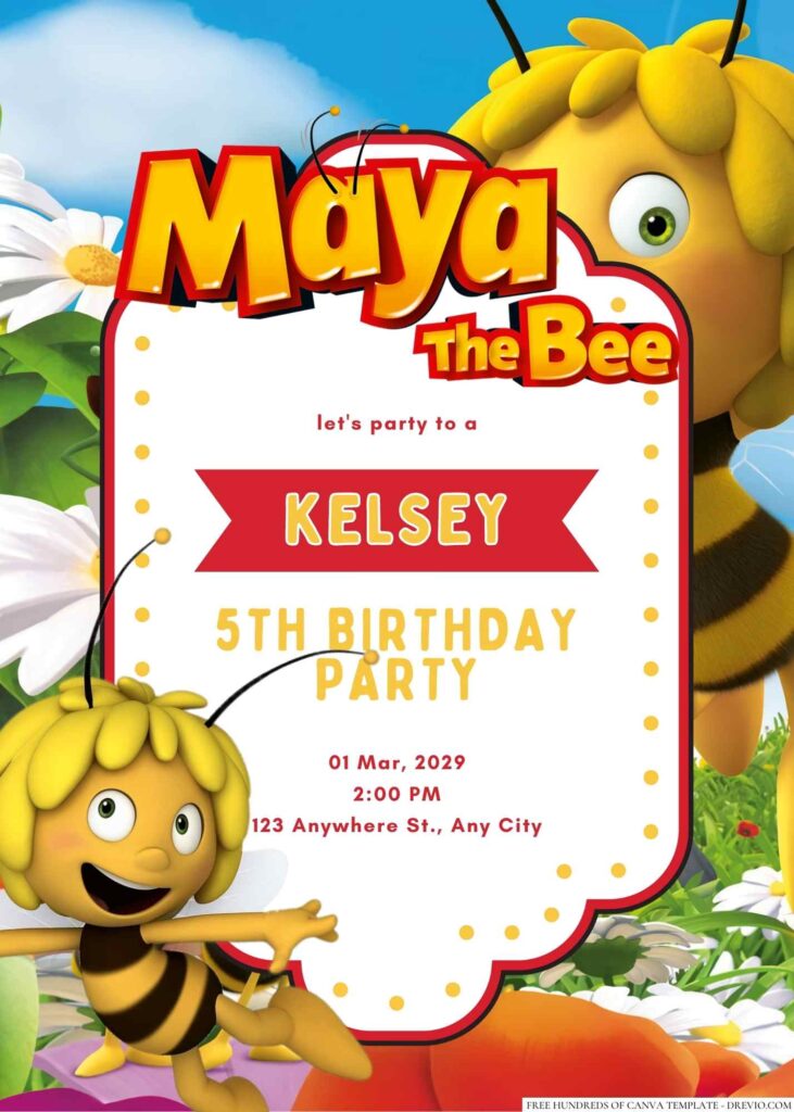 Free Editable Buzzbee from Maya the Bee Birthday invitation