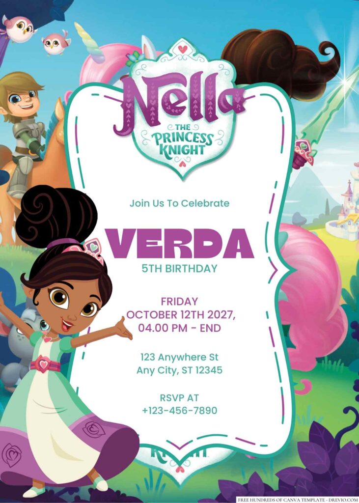 Free Editable Nella the Princess Knight Birthday Invitation