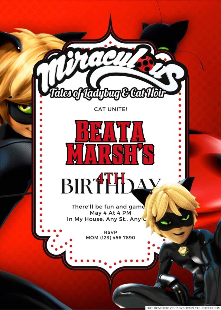 Free Editable Miraculous Ladybug and Cat Noir Birthday Invitation