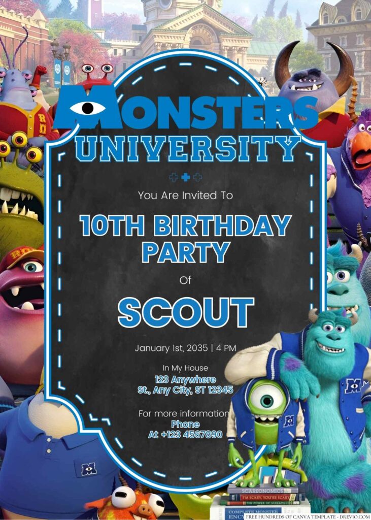 Free Editable Monsters University Birthday Invitation