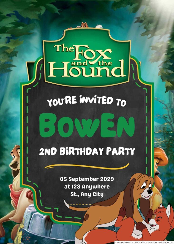 Free Editable The Fox and the Hound Birthday Invitation