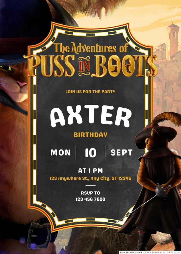 Free Editable Puss in Boots Birthday Invitation