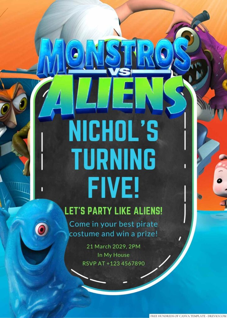 Free Editable Monster vs. Aliens Birthday Invitation