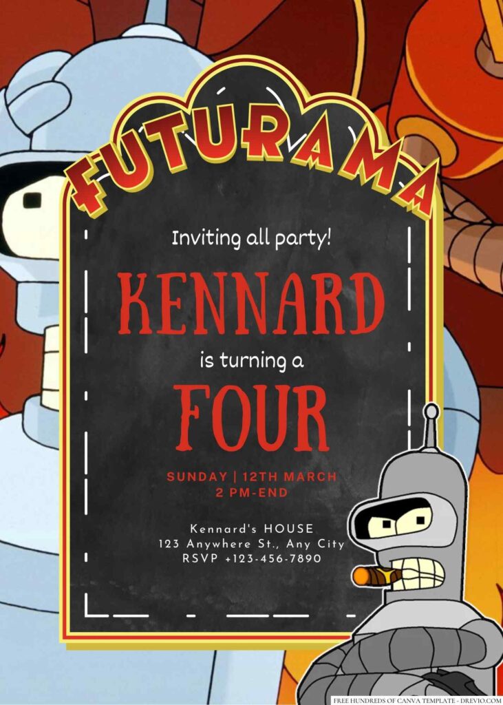 Free Editable Bender (Futurama) Birthday Invitation