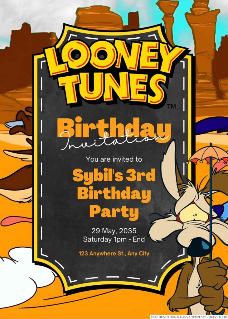 Free Editable Wile E. Coyote (Looney Tunes) Birthday Invitation