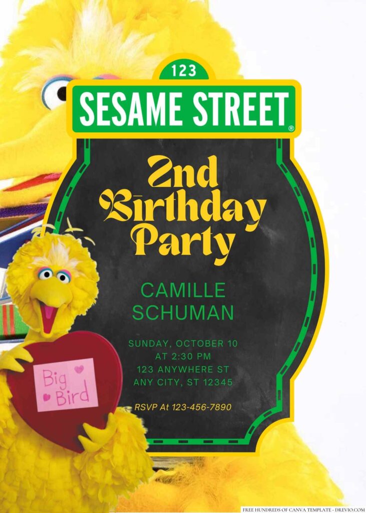 Free Editable Big Bird from Sesame Street Birthday invitation