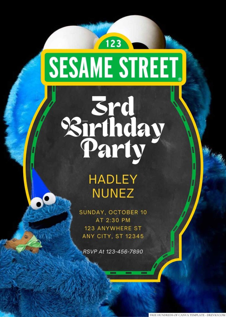 Free Editable Cookie Monster from Sesame Street Birthday Invitation