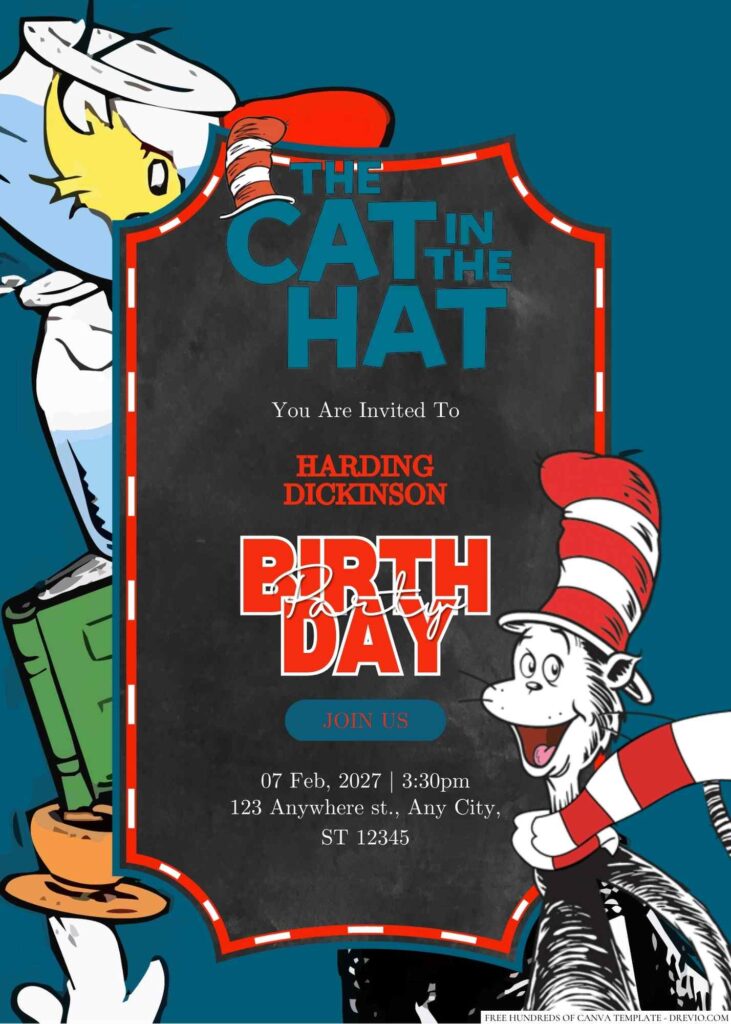 Free Editable The Cat in the Hat Birthday Invitation