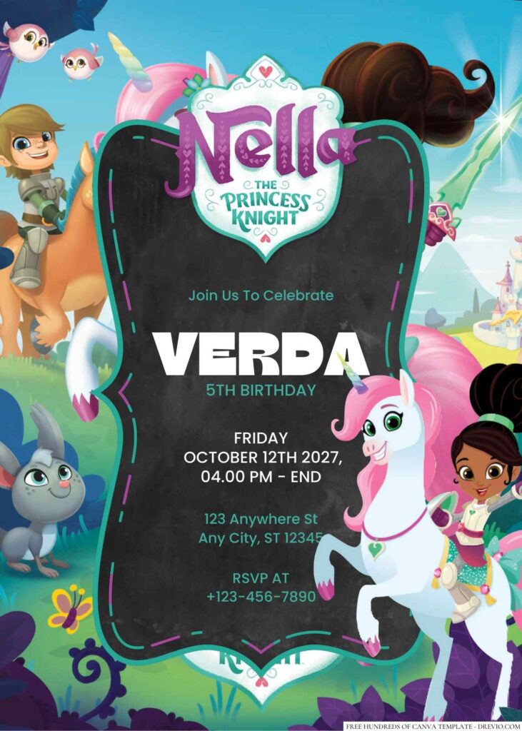 Free Editable Nella the Princess Knight Birthday Invitation