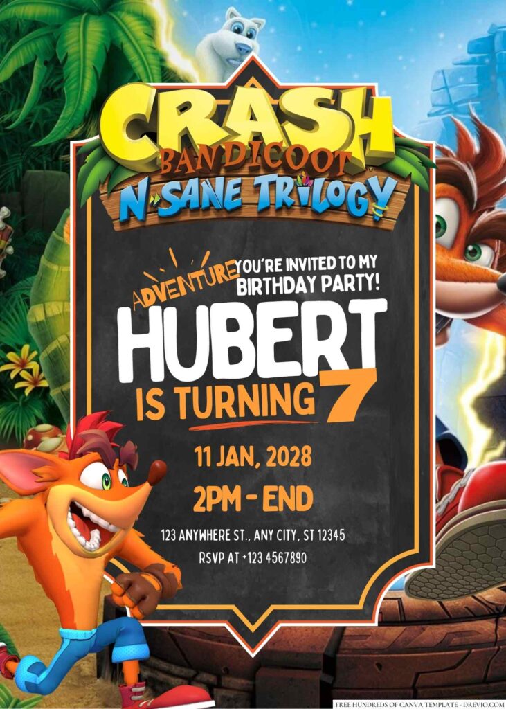 Free Editable Crash Bandicoot Birthday Invitation