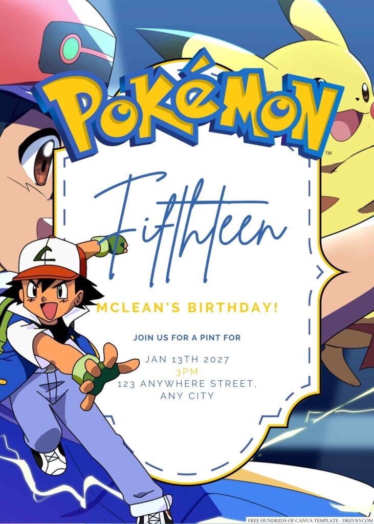 Free Editable Ash Ketchum Pokemon Birthday Invitation