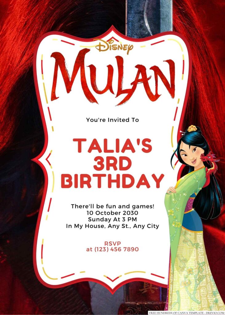 Free Editable Mulan Birthday Invitation