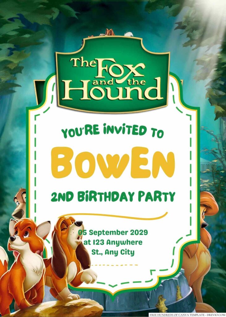 Free Editable The Fox and the Hound Birthday Invitation