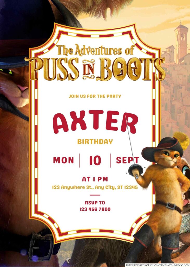 Free Editable Puss in Boots Birthday Invitation