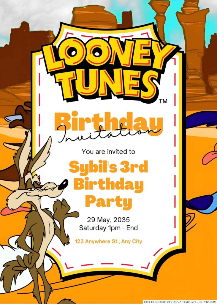 Free Editable Wile E. Coyote (Looney Tunes) Birthday Invitation