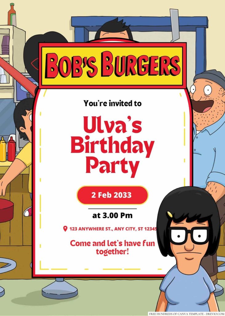 Free Editable Tina Belcher (Bob’s Burgers) Birthday Invitation