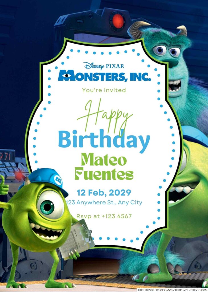 Free Editable Mike Wazowski from Monsters Inc. Birthday Invitation