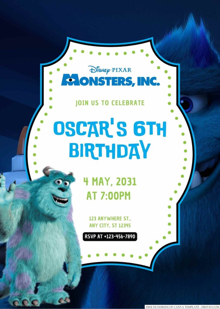 Free Editable Sulley from Monsters Inc. Birthday invitation