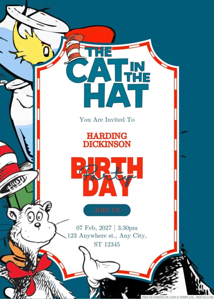 Free Editable The Cat in the Hat Birthday Invitation