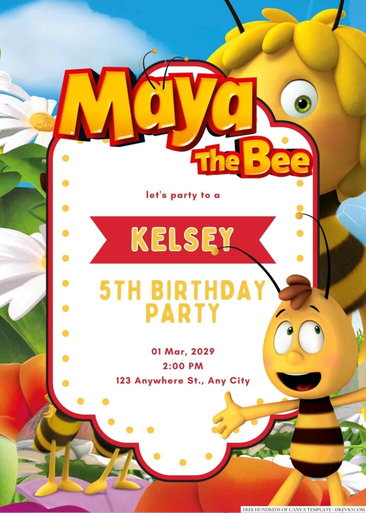 Free Editable Buzzbee from Maya the Bee Birthday invitation