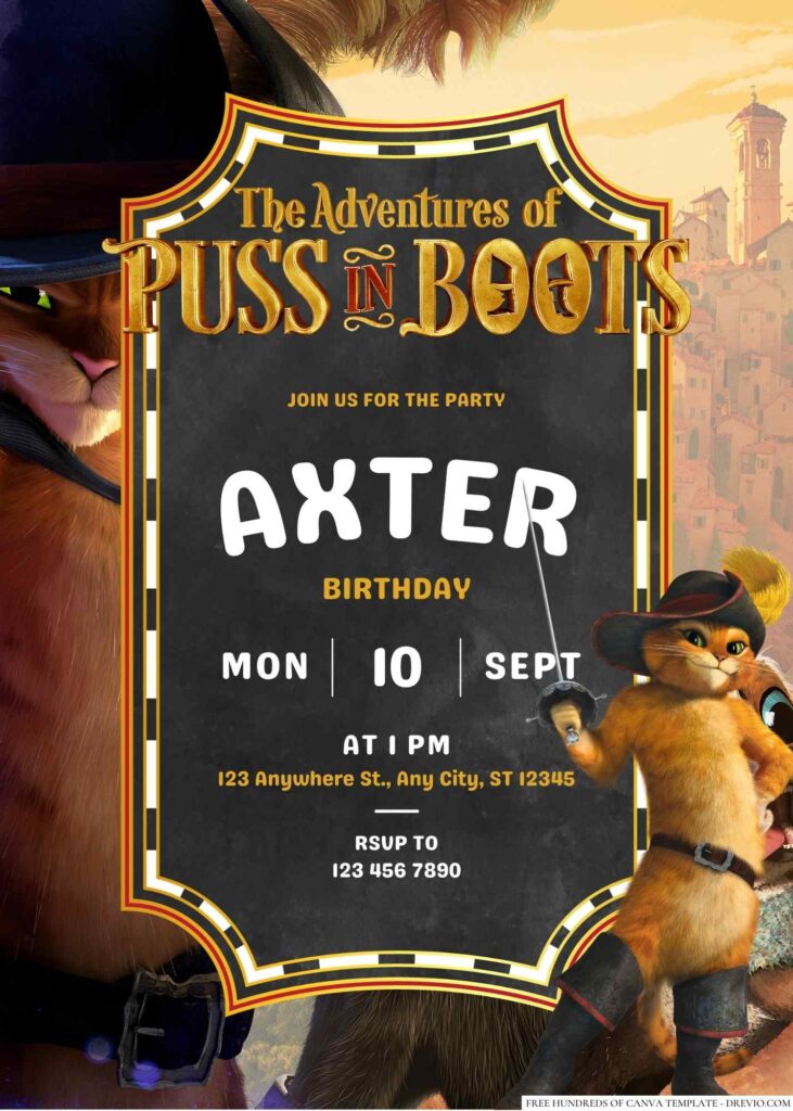 Free Editable Puss in Boots Birthday Invitation