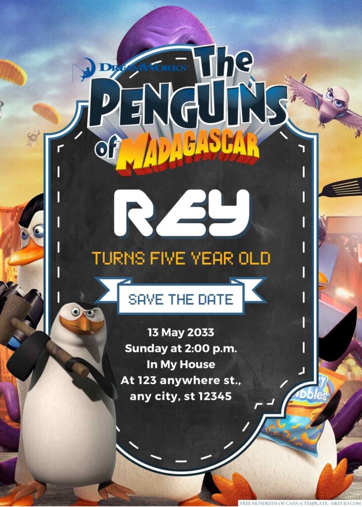 Free Editable Penguin Madagascar Birthday Invitation 