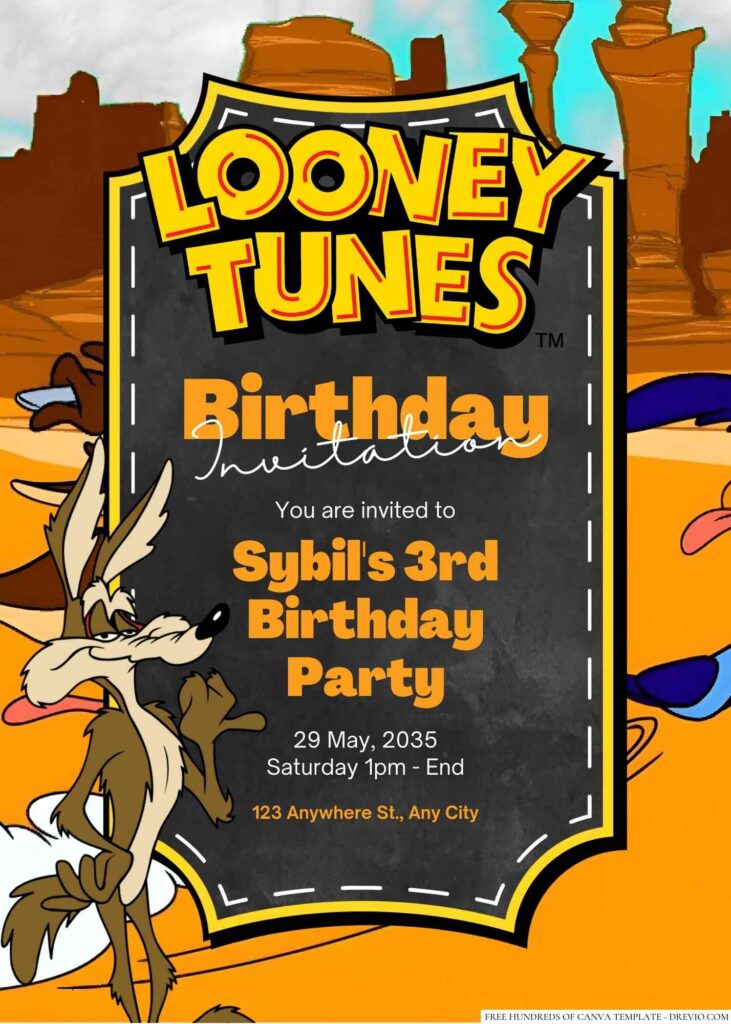 Free Editable Wile E. Coyote (Looney Tunes) Birthday Invitation