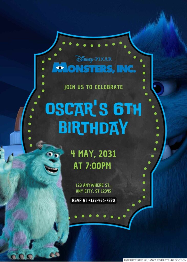 Free Editable Sulley from Monsters Inc. Birthday invitation