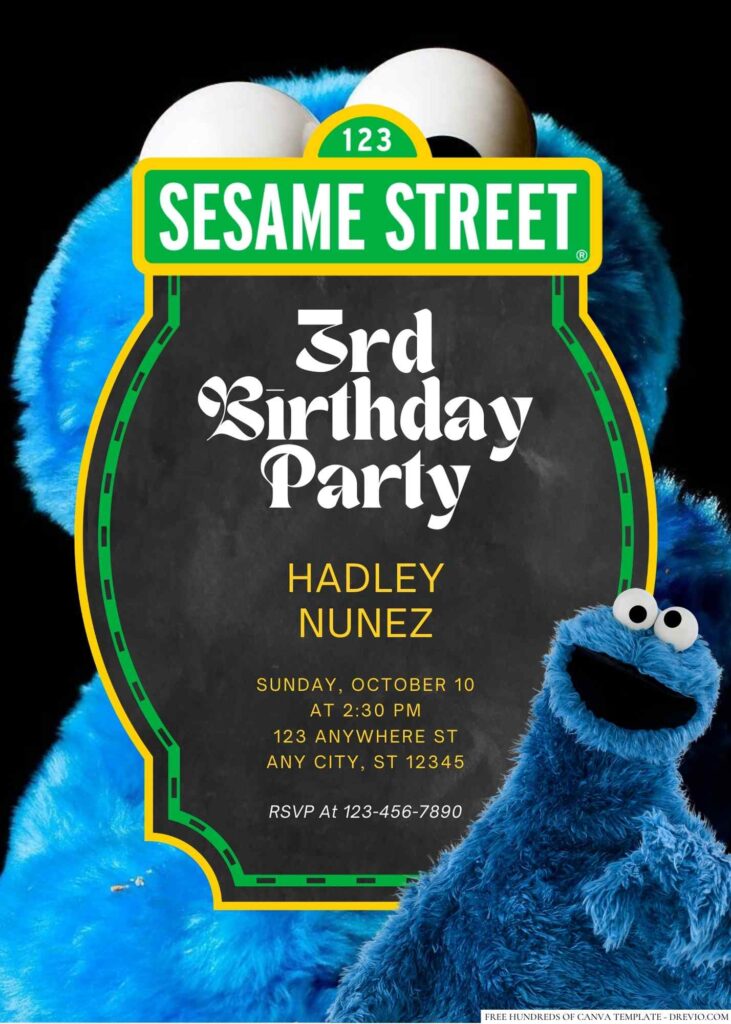 Free Editable Cookie Monster from Sesame Street Birthday Invitation