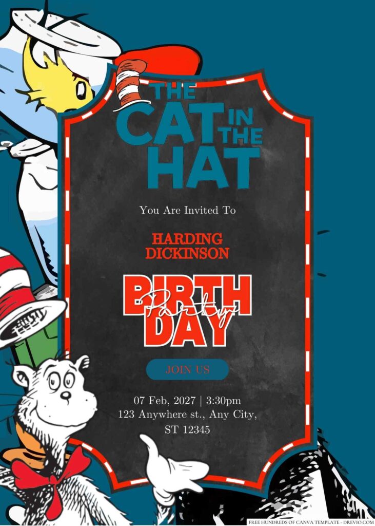 Free Editable The Cat in the Hat Birthday Invitation