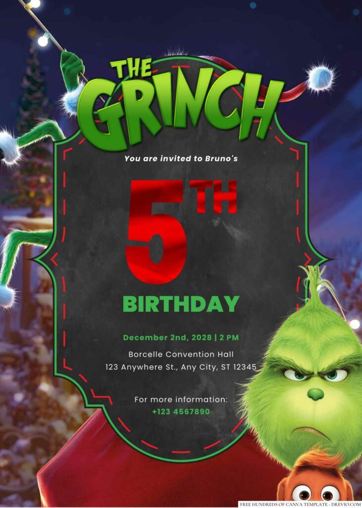 Free Editable The Grinch Birthday Invitation 