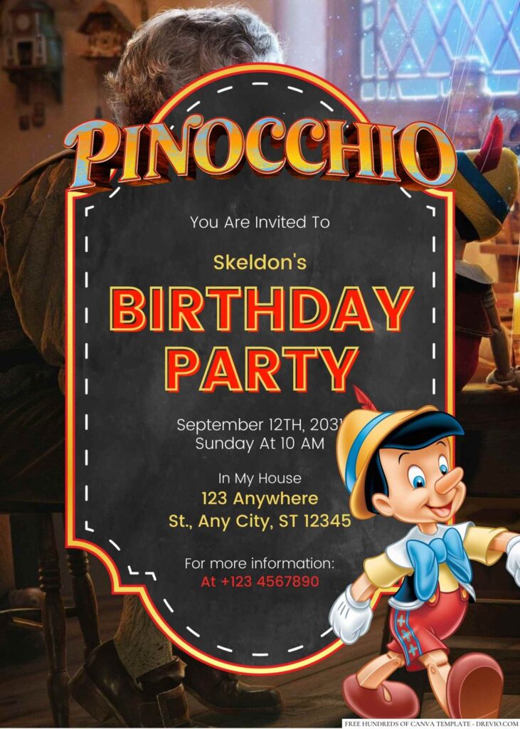 Free Editable Pinocchio Birthday Invitation