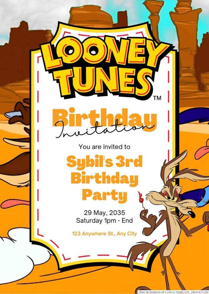 Free Editable Wile E. Coyote (Looney Tunes) Birthday Invitation