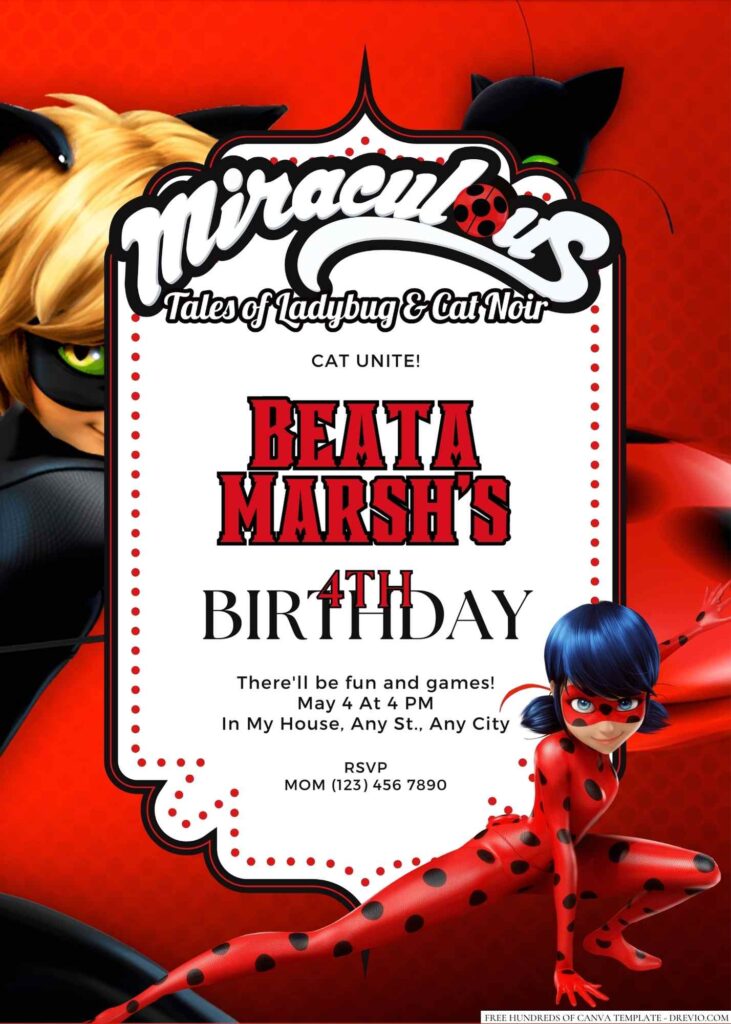 Free Editable Miraculous Ladybug and Cat Noir Birthday Invitation