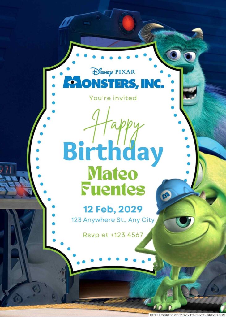 Free Editable Mike Wazowski from Monsters Inc. Birthday Invitation