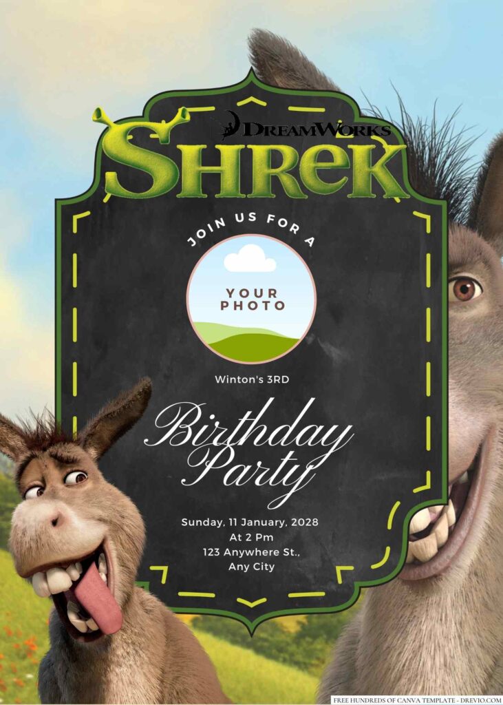 Free Editable Donkey from Shrek Birthday Invitation