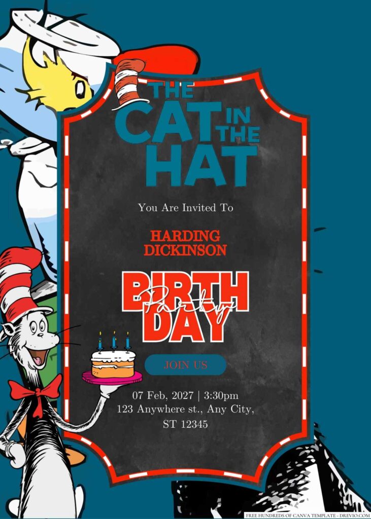 Free Editable The Cat in the Hat Birthday Invitation