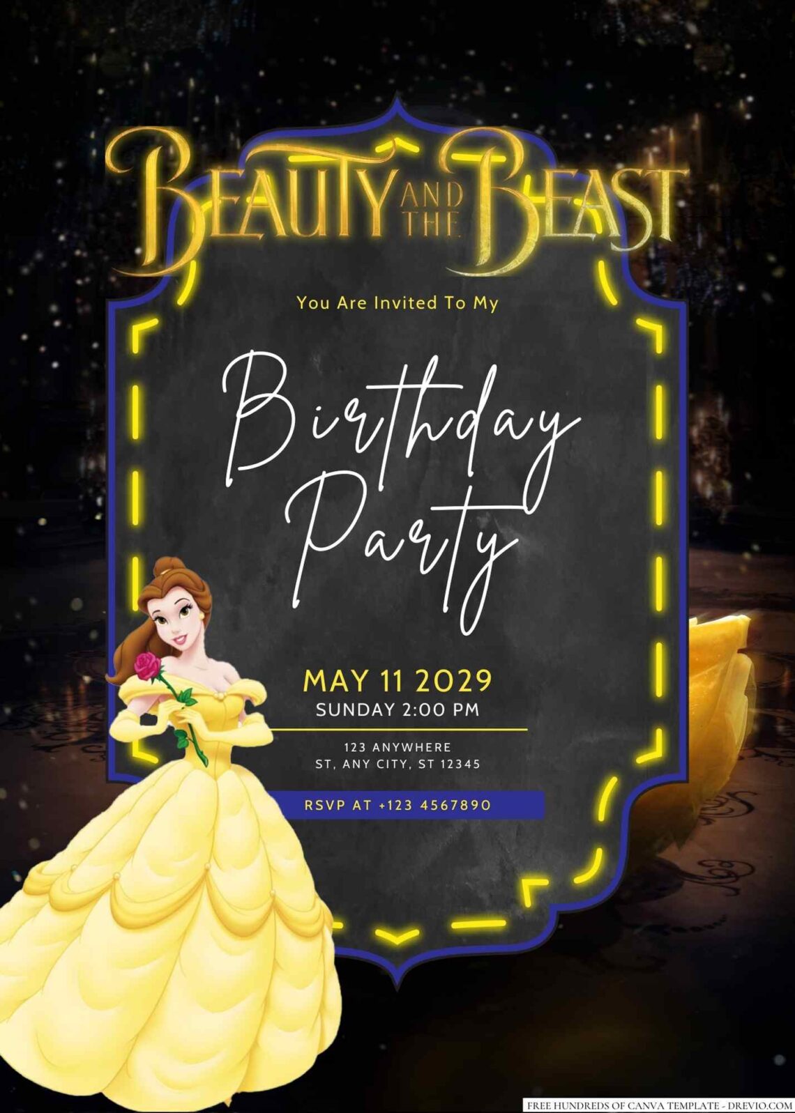 Free Editable Beauty and the Beast Birthday Invitation