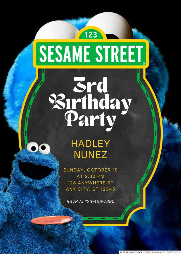 Free Editable Cookie Monster from Sesame Street Birthday Invitation